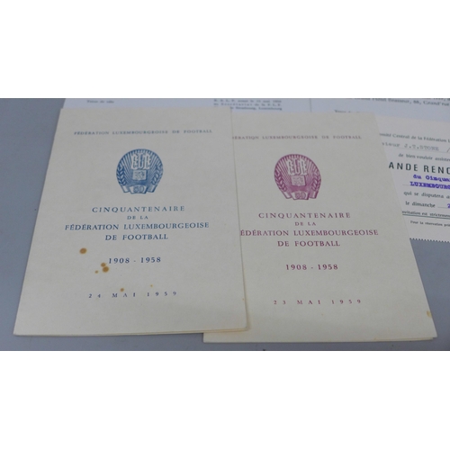 630 - Football, Luxembourg FA 50th Anniversary, 1908-1958 selection of items including tickets, menu cards... 