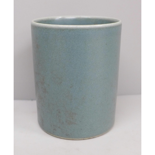 636 - A Chinese sky blue glaze cylindrical pen container with six character mark to base, 9.5cm