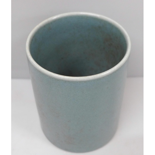 636 - A Chinese sky blue glaze cylindrical pen container with six character mark to base, 9.5cm