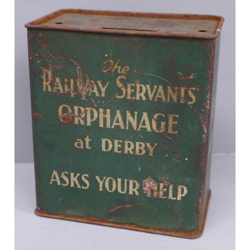 640 - A rare Railways contributions tin, 'The Railway Servants Orphanage at Derby Asks Your Help', 12cm x ... 