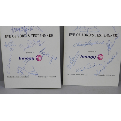 644 - Cricket autographs, two eve of Lord's Test Dinner Menus both from 24th July 2002, held at the London... 