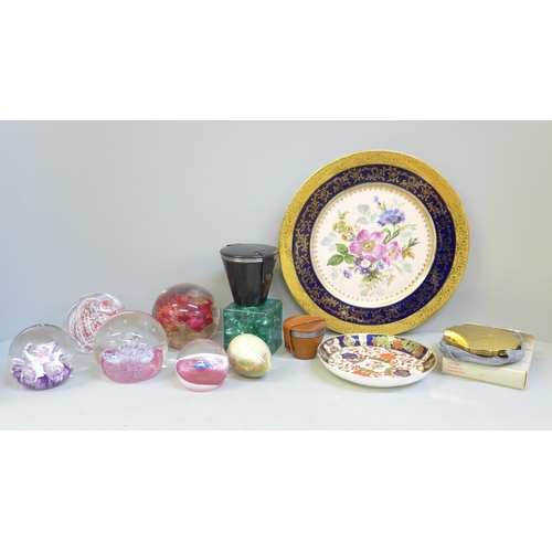 671 - A Royal Crown Derby dish, a hand painted Limoges cabinet plate and a collection of paperweights incl... 