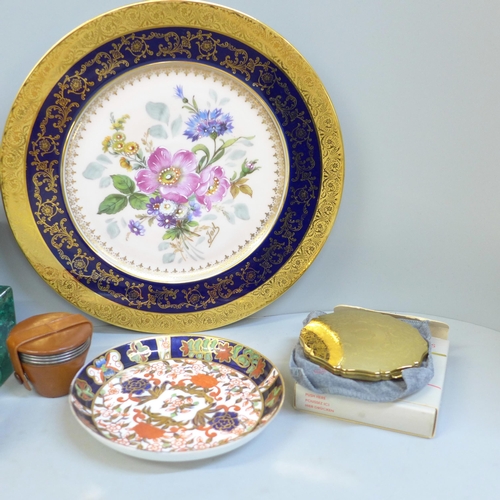 671 - A Royal Crown Derby dish, a hand painted Limoges cabinet plate and a collection of paperweights incl... 