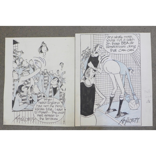 672 - Football original cartoon artwork, Roy Ullyett (1914-2001), two original pen and ink and blue crayon... 