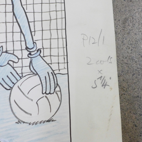 672 - Football original cartoon artwork, Roy Ullyett (1914-2001), two original pen and ink and blue crayon... 