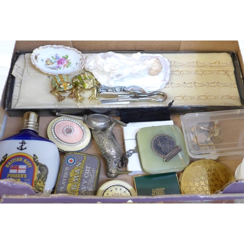 678 - Compacts including DBGH Enrich, a Royal Doulton New Baby figure, cufflinks, etc.