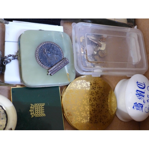 678 - Compacts including DBGH Enrich, a Royal Doulton New Baby figure, cufflinks, etc.