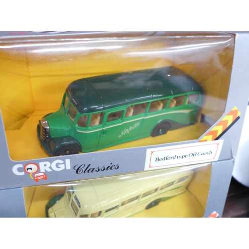 690 - Seven Corgi Classics Bedford Type OB coaches, all different liveries, boxed