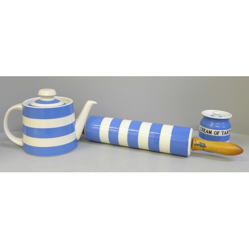 702 - Three items of Cornish ware including T.G. Green rolling pin and Cream of Tartar pot