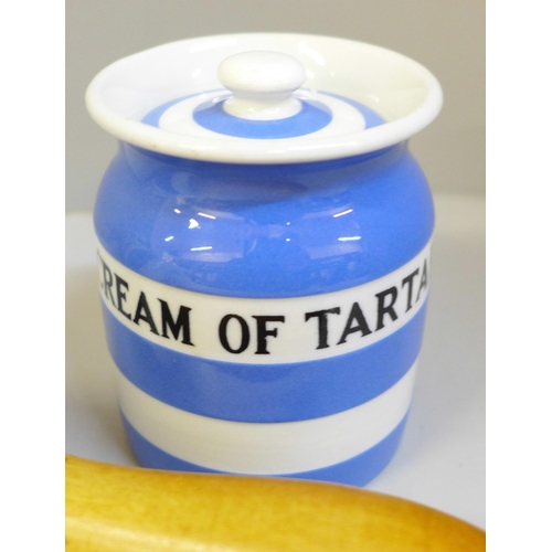 702 - Three items of Cornish ware including T.G. Green rolling pin and Cream of Tartar pot