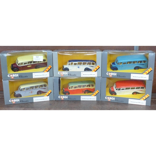 707 - Six Corgi Classics Bedford Type OB coaches, all different liveries, boxed