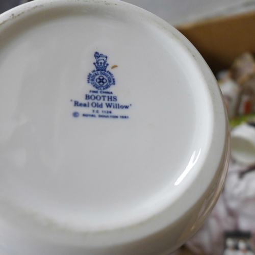 715 - A Royal Doulton blue and white Willow pattern vase, a Mason's Empress vase and Staffordshire figures... 