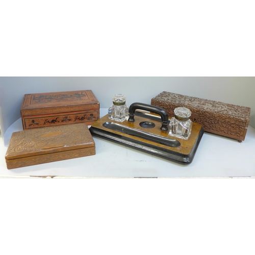 721 - Two carved Indian boxes, one a/f, one other and an Edwardian desk stand