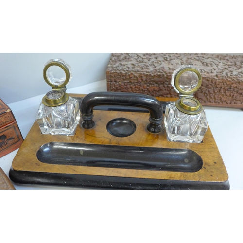 721 - Two carved Indian boxes, one a/f, one other and an Edwardian desk stand