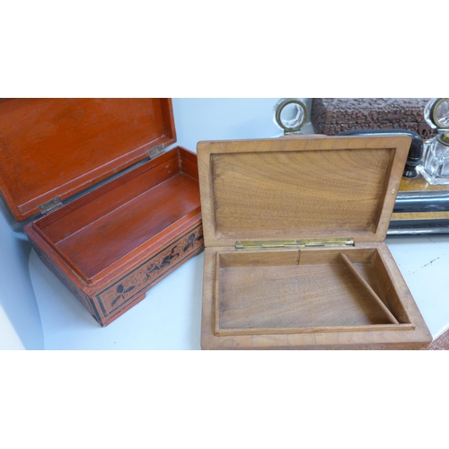 721 - Two carved Indian boxes, one a/f, one other and an Edwardian desk stand