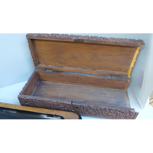 721 - Two carved Indian boxes, one a/f, one other and an Edwardian desk stand