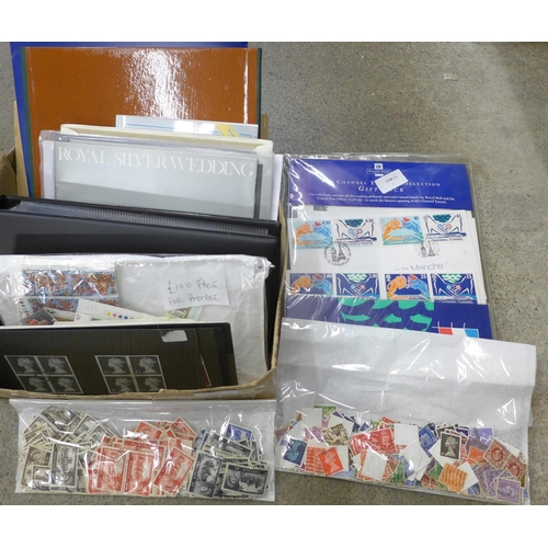 730 - Stamps; a box of GB stamps, covers, etc., includes 1987 Year Book, Channel Tunnel gift pack, packet ... 