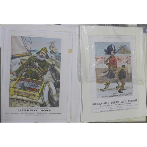 731 - A collection of eleven large original hand coloured advertising prints, board mounted for framing, t... 