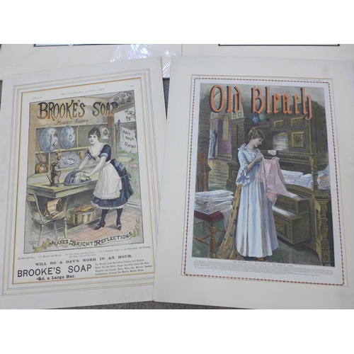 731 - A collection of eleven large original hand coloured advertising prints, board mounted for framing, t... 