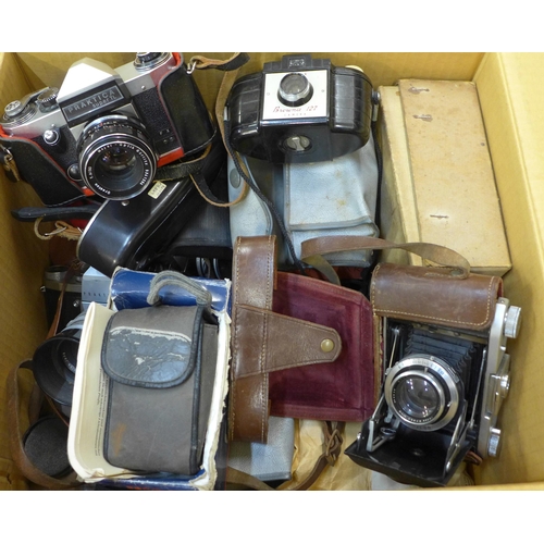 741 - A box of mixed film cameras and accessories