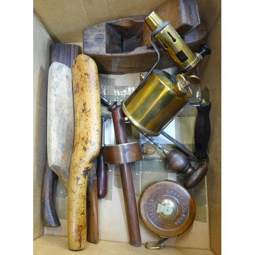 746 - A collection of tools including woodworking and a brass blow torch