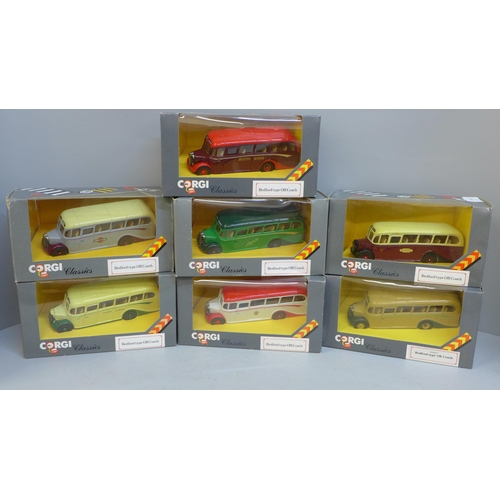 764 - Seven Corgi Classics Bedford Type OB coaches, all different liveries, boxed