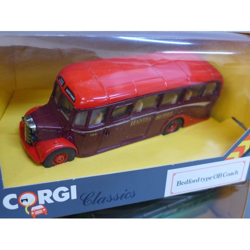 764 - Seven Corgi Classics Bedford Type OB coaches, all different liveries, boxed