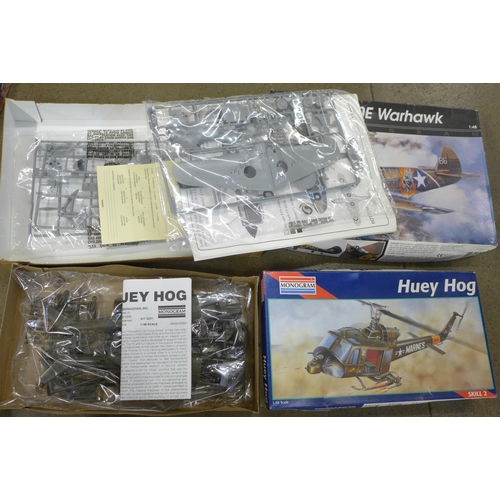 772 - Five model aircraft kits, aircraft and helicopter; Huey Hog, General Dynamic F1/6A/C Fighting Falcon... 