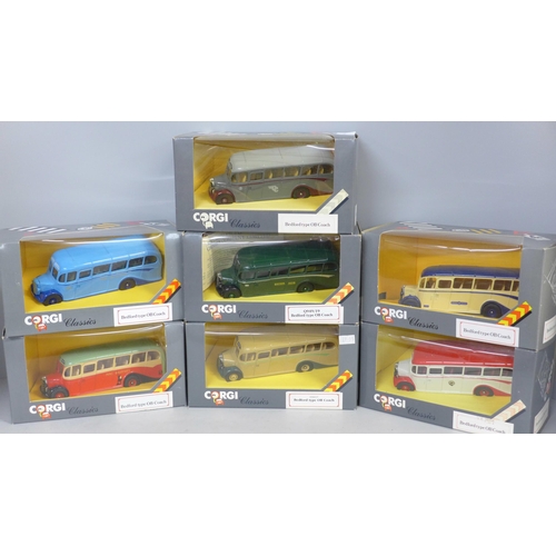 773 - Seven Corgi Classics Bedford Type OB coaches, all different liveries, boxed