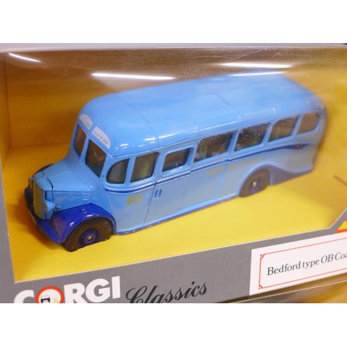 773 - Seven Corgi Classics Bedford Type OB coaches, all different liveries, boxed