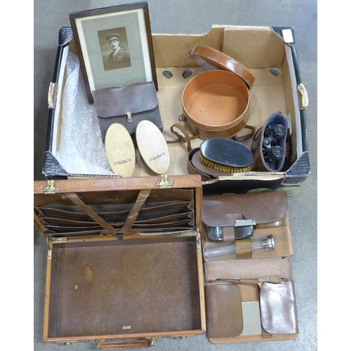 787 - A 1930s leather writing/correspondence case, leather cased shaving kit, brushes, collar box and a pa... 