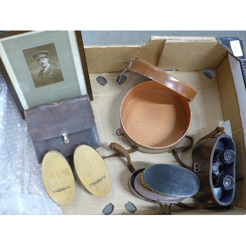 787 - A 1930s leather writing/correspondence case, leather cased shaving kit, brushes, collar box and a pa... 