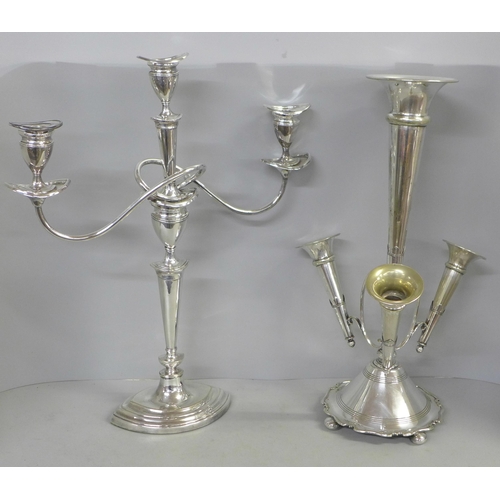 788 - A silver plated candelabra and a silver plated epergne