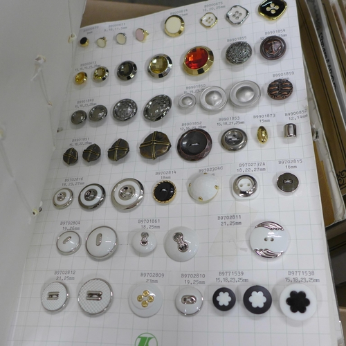 793 - A collection of merchants/salesman samples, Chemical Lace, vintage buttons including 1980s fastening... 