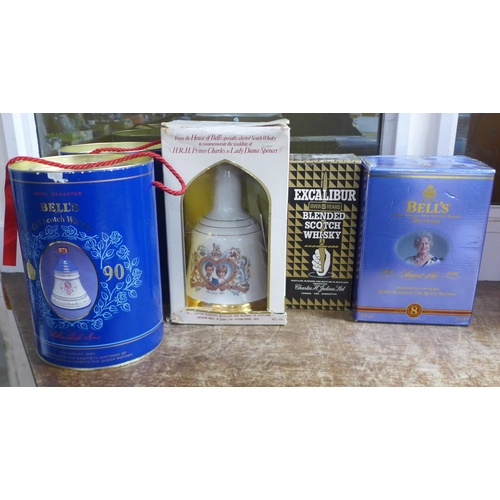 801 - Four Bells Scotch Whisky Royal commemorative decanters with contents, including Charles and Diana an... 