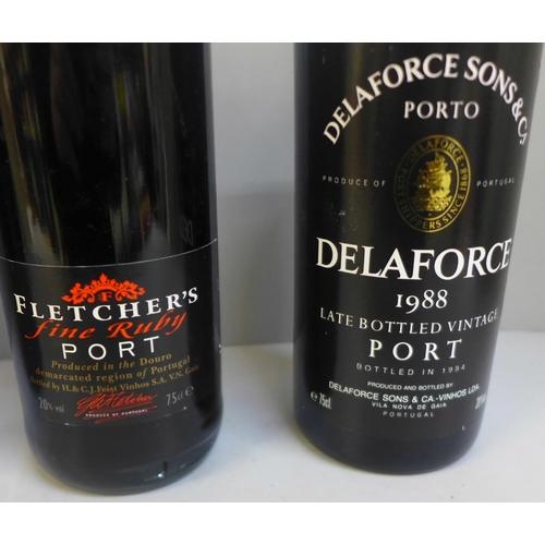 806 - Three bottles of port; Andresen late bottled vintage; Delaforce 1988 and Fletcher's fine ruby **PLEA... 