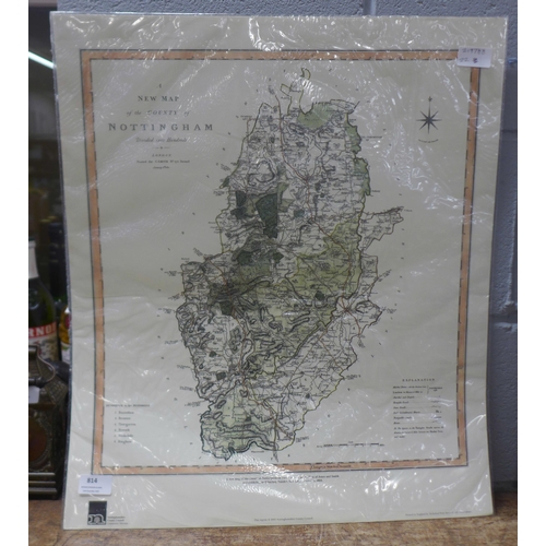 814 - A reproduction County map of Nottinghamshire, 1801, unframed, and a sectional Chapman's Map of Notti... 