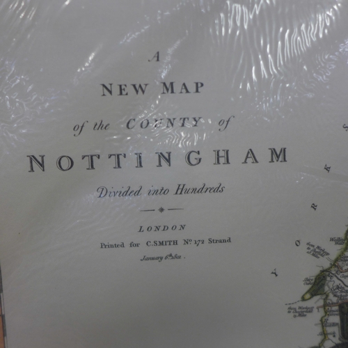 814 - A reproduction County map of Nottinghamshire, 1801, unframed, and a sectional Chapman's Map of Notti... 