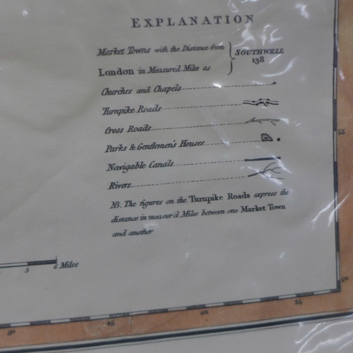 814 - A reproduction County map of Nottinghamshire, 1801, unframed, and a sectional Chapman's Map of Notti... 