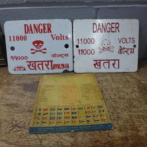 824 - Two Indian Electricity Danger signs and a tin plate maritime plaque