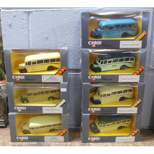 831 - Seven Corgi Classics Bedford Type OB coaches, boxed