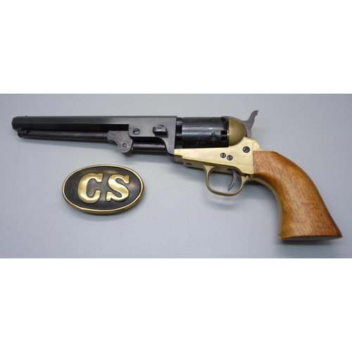 842 - A replica Colt Navy cap and ball pistol, made in Italy and a replica Confederate belt buckle, CS