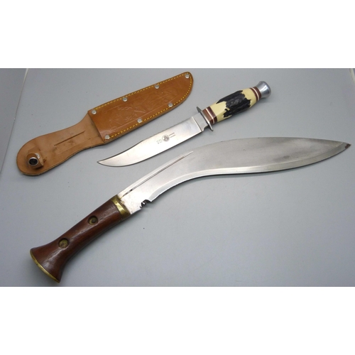 844 - A Nepalese kukri, no scabbard, and a Portuguese hunting knife