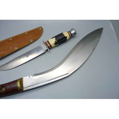 844 - A Nepalese kukri, no scabbard, and a Portuguese hunting knife