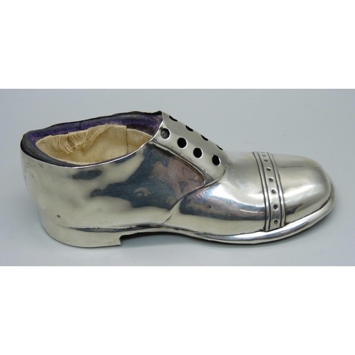 873 - A silver pin cushion shoe, Birmingham 1919, 12cm