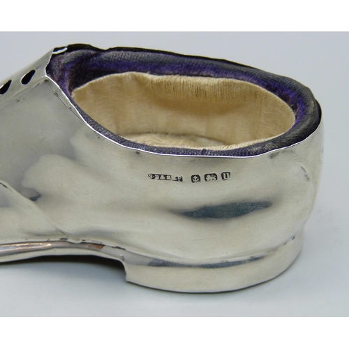 873 - A silver pin cushion shoe, Birmingham 1919, 12cm