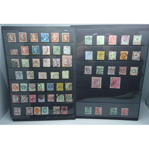 876 - Stamps; GB Queen Victoria and Edward VII stamps with values to five shillings, on two stock sheets