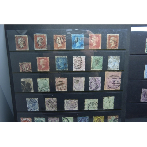 876 - Stamps; GB Queen Victoria and Edward VII stamps with values to five shillings, on two stock sheets