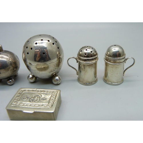 883 - A small hallmarked silver pepper, a hallmarked silver miniature sugar bowl, a miniature 925 silver s... 