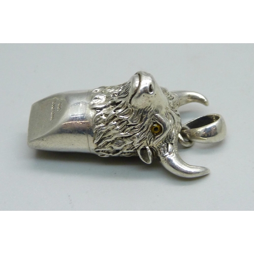 885 - A 925 silver bulls head whistle pendant